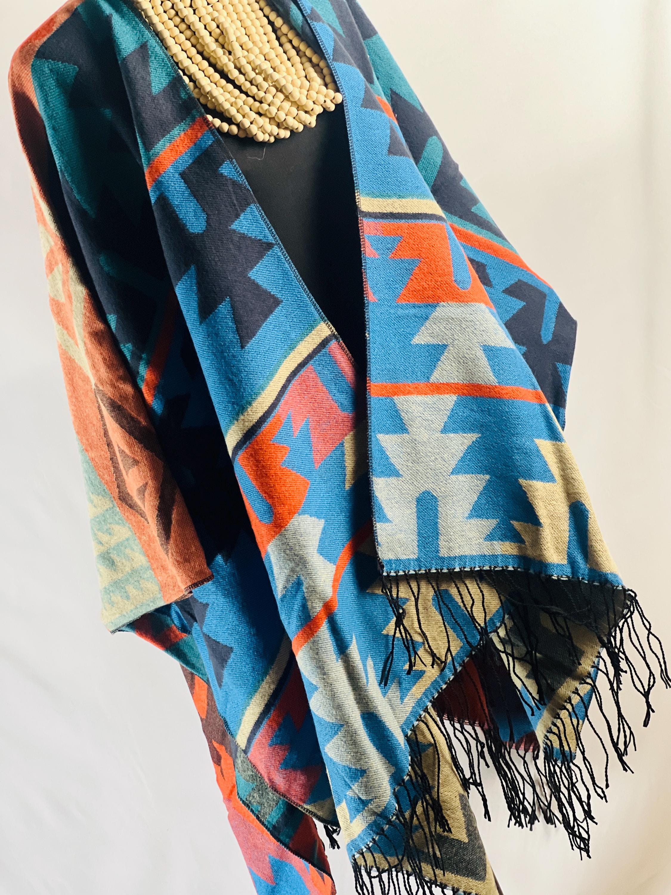 Aztec Ruana Wrap: Boho Poncho Cape with Fringe