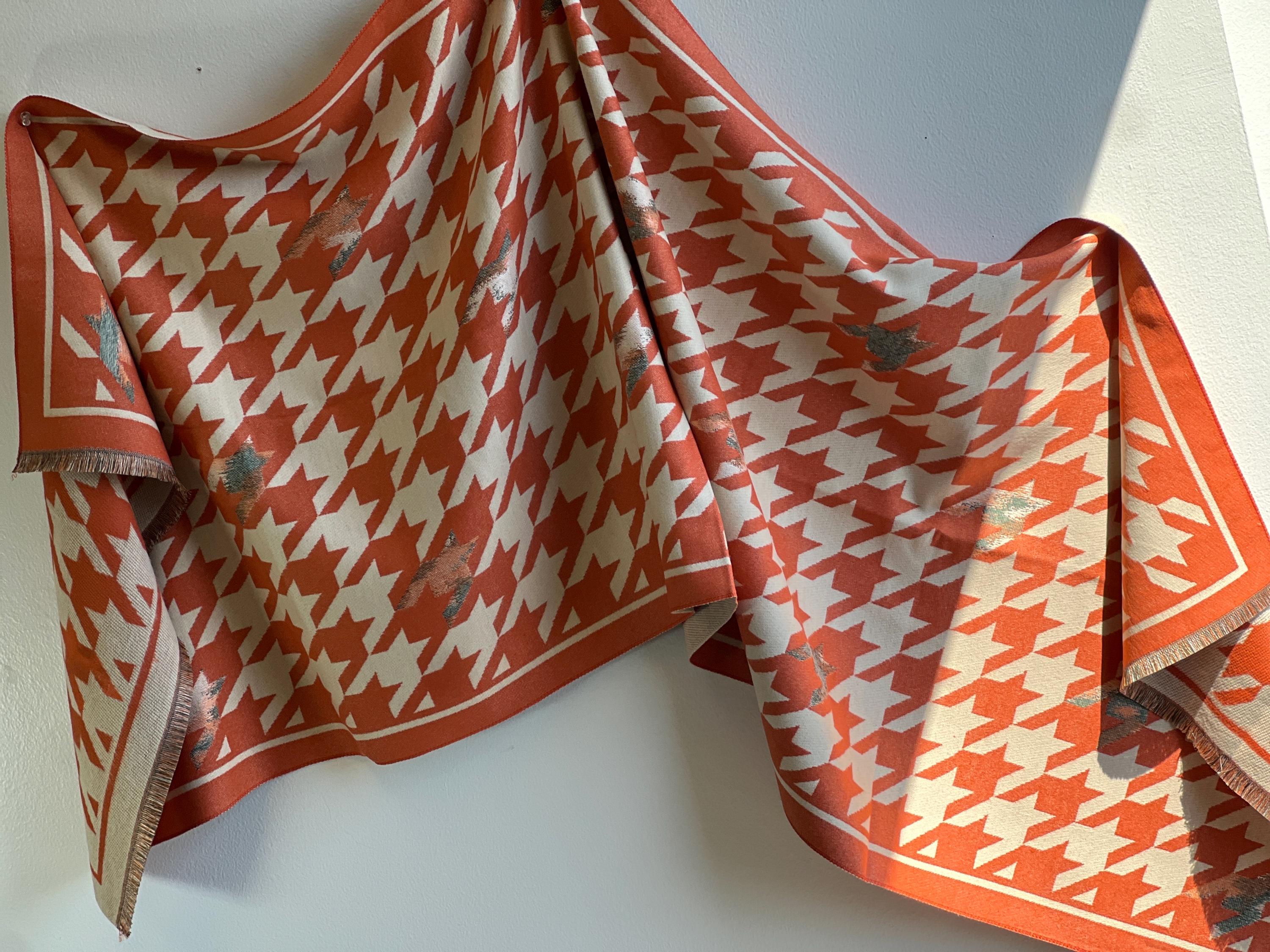 Orange & Cream Houndstooth Oversized Scarf – Bold Geometric Wrap with Artistic Accents