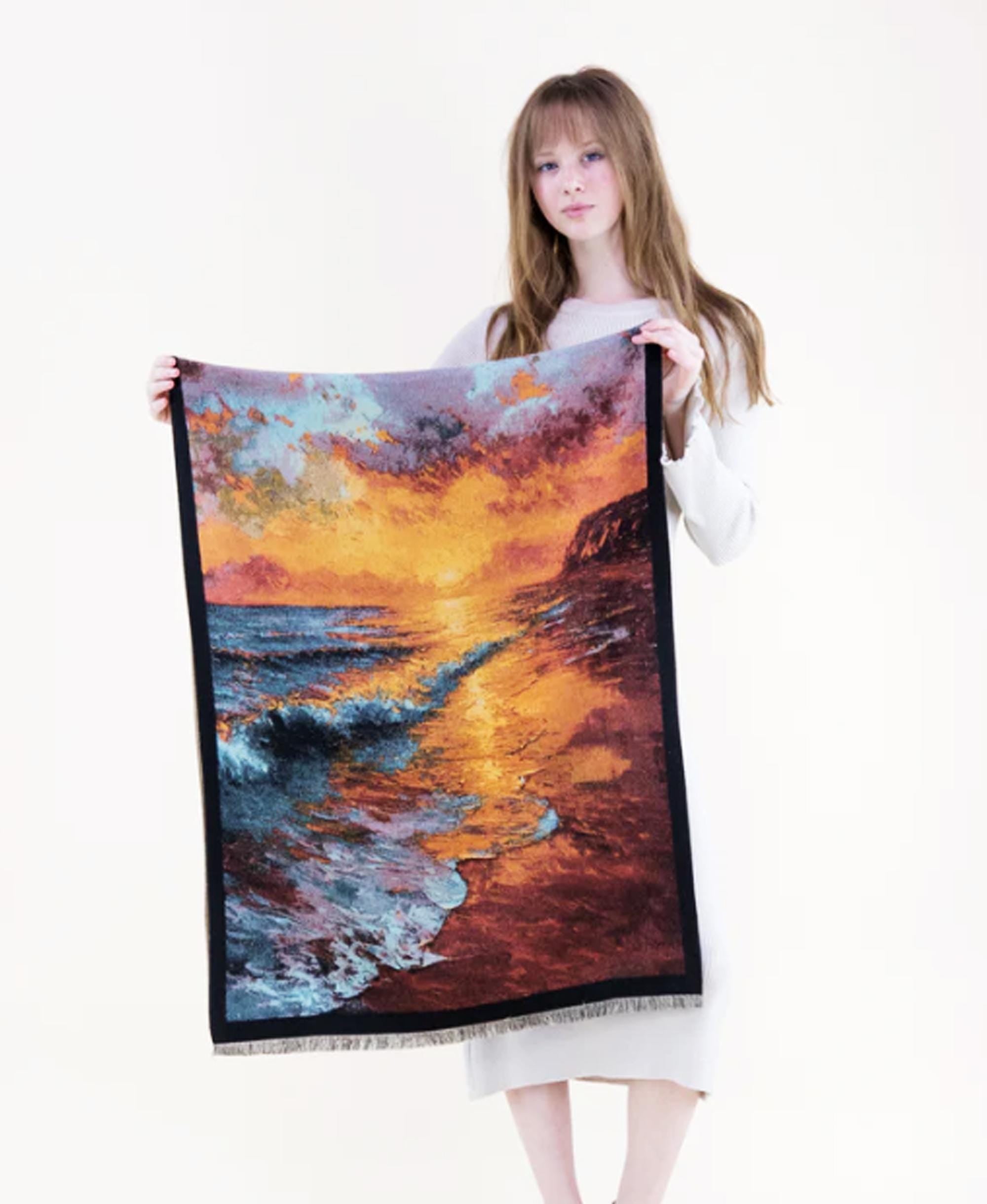 Autumn Beach Sunset Scarf: Cozy Woven Wrap, Wool-Like Cashmere Feel