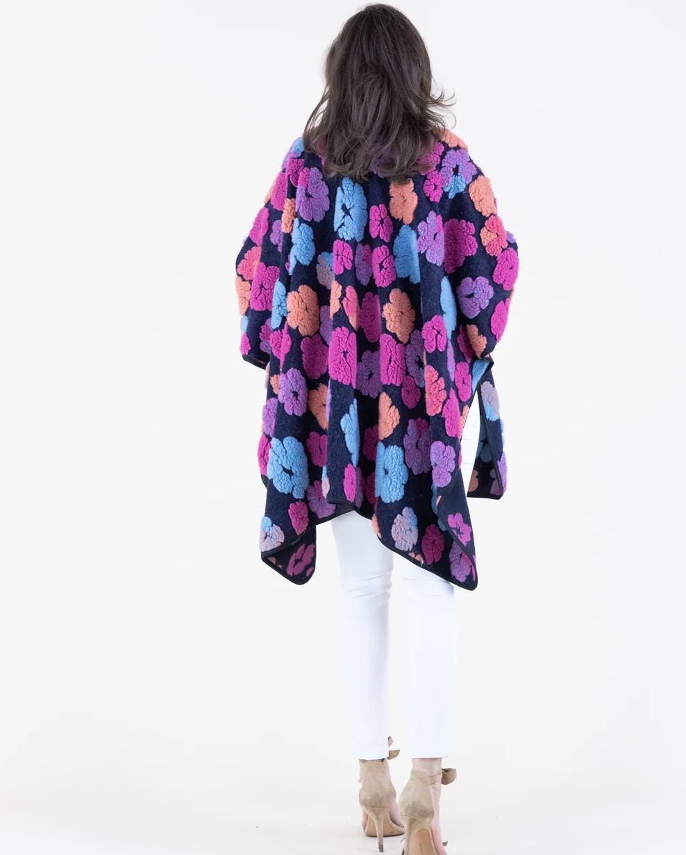Embroidered Floral Ruana Wrap: Oversized Boho Cape, Wool-Like Shawl