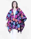 Embroidered Floral Ruana Wrap: Oversized Boho Cape, Wool-Like Shawl