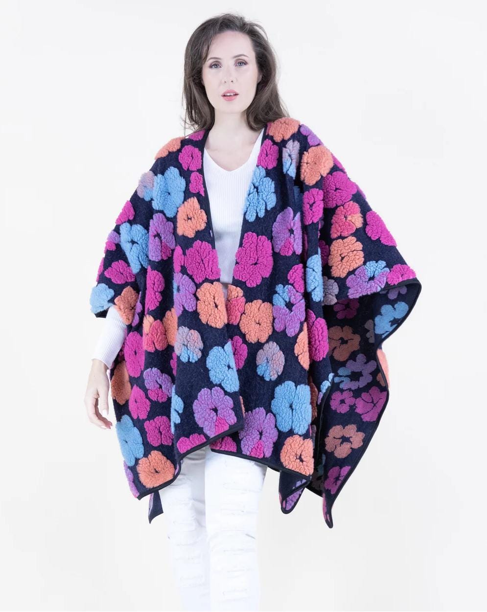 Embroidered Floral Ruana Wrap: Oversized Boho Cape, Wool-Like Shawl