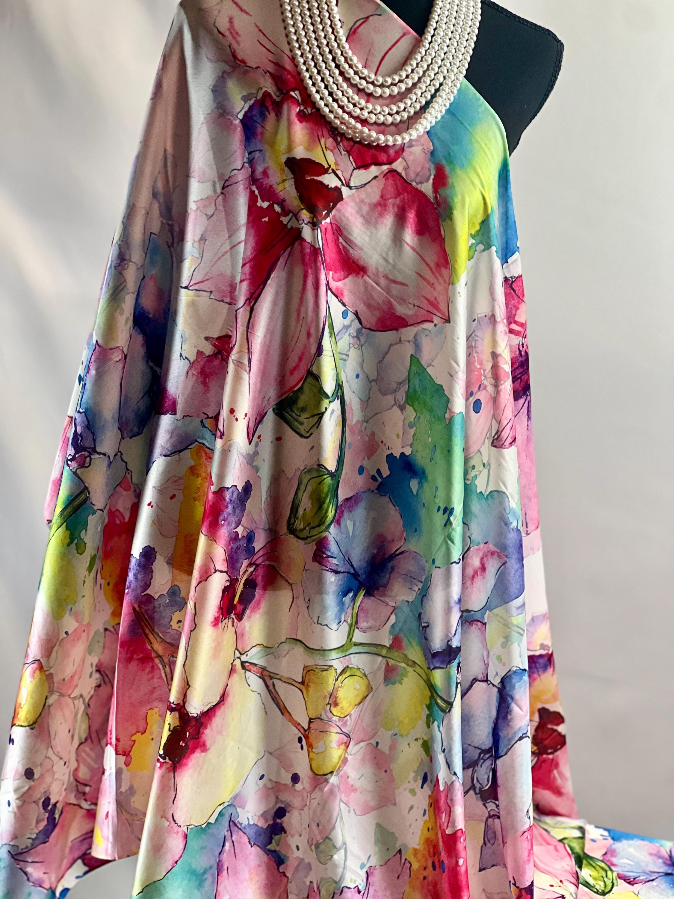 Floral Masterpiece Art Scarf: Silky Satin Shawl (34" x 70")