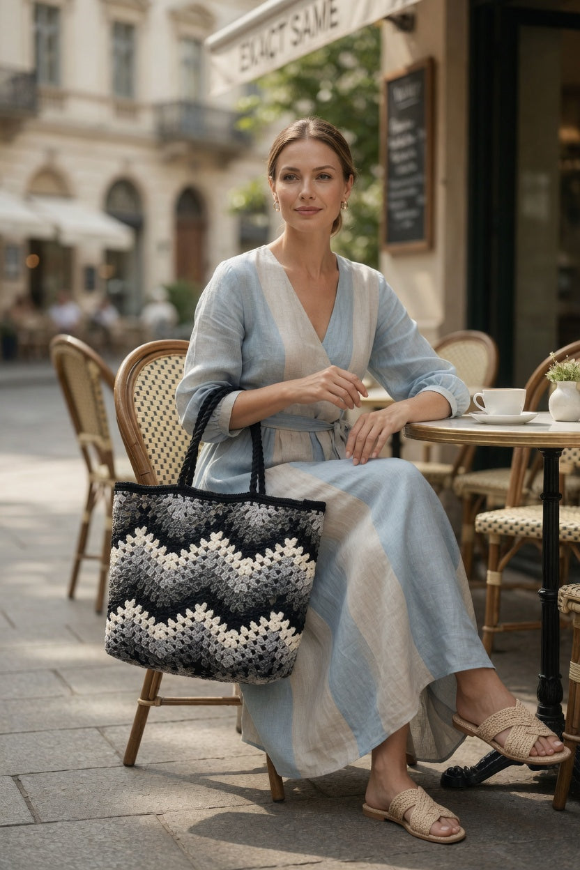 Black Chevron Hand Knitted Crochet Boxy Tote Bag