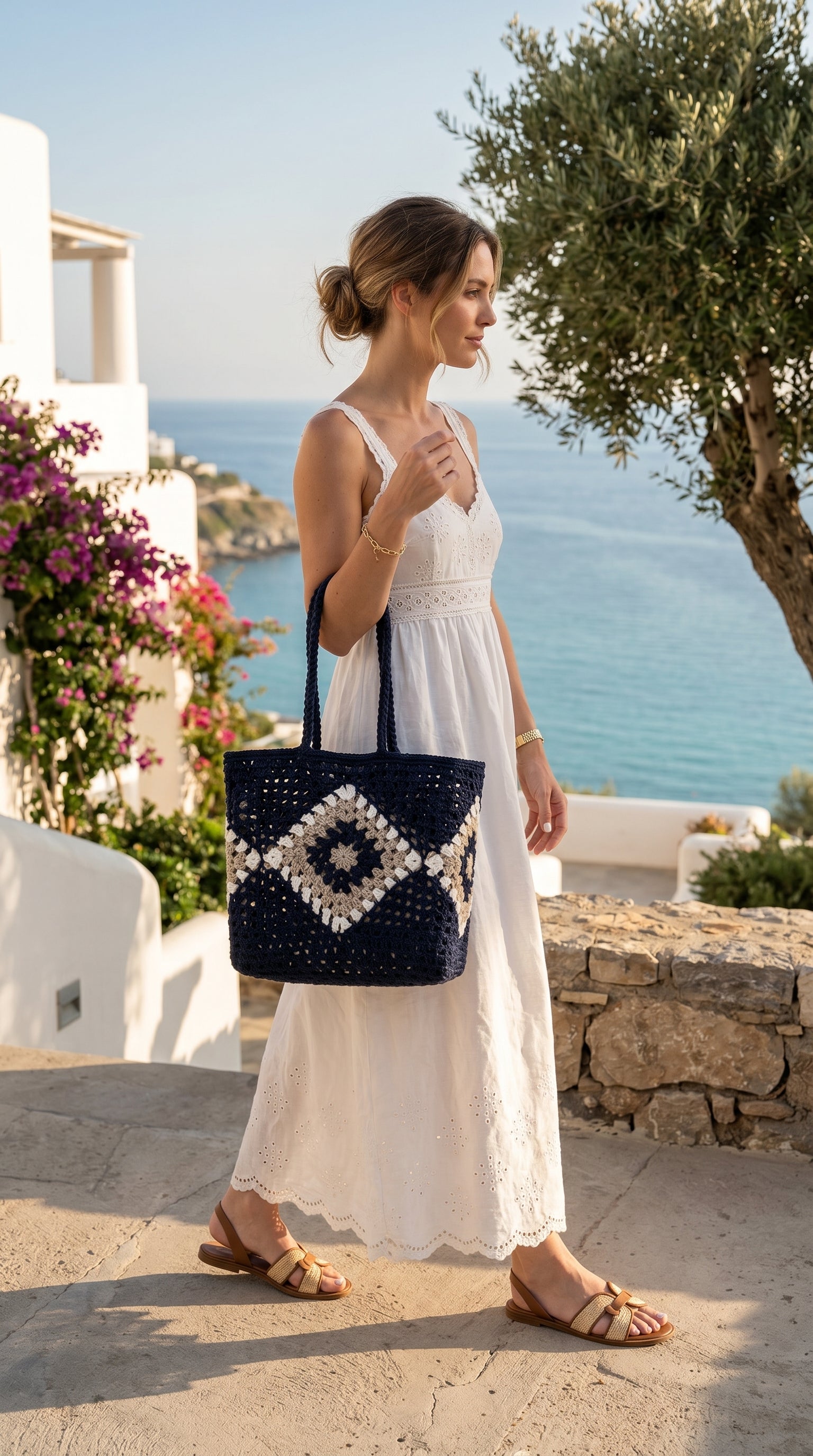 Black Snake Eye Hand Knitted Crochet Boxy Tote Bag
