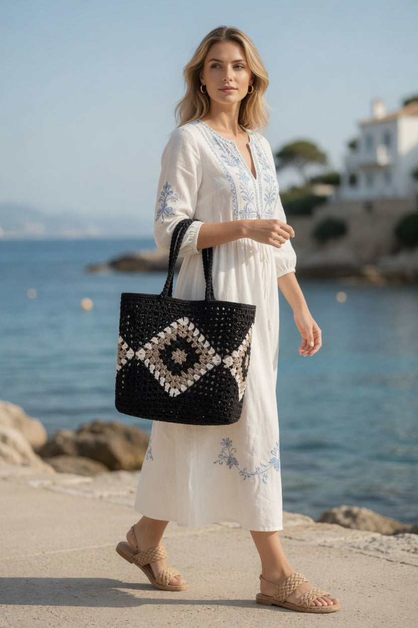 Black Snake Eye Hand Knitted Crochet Boxy Tote Bag