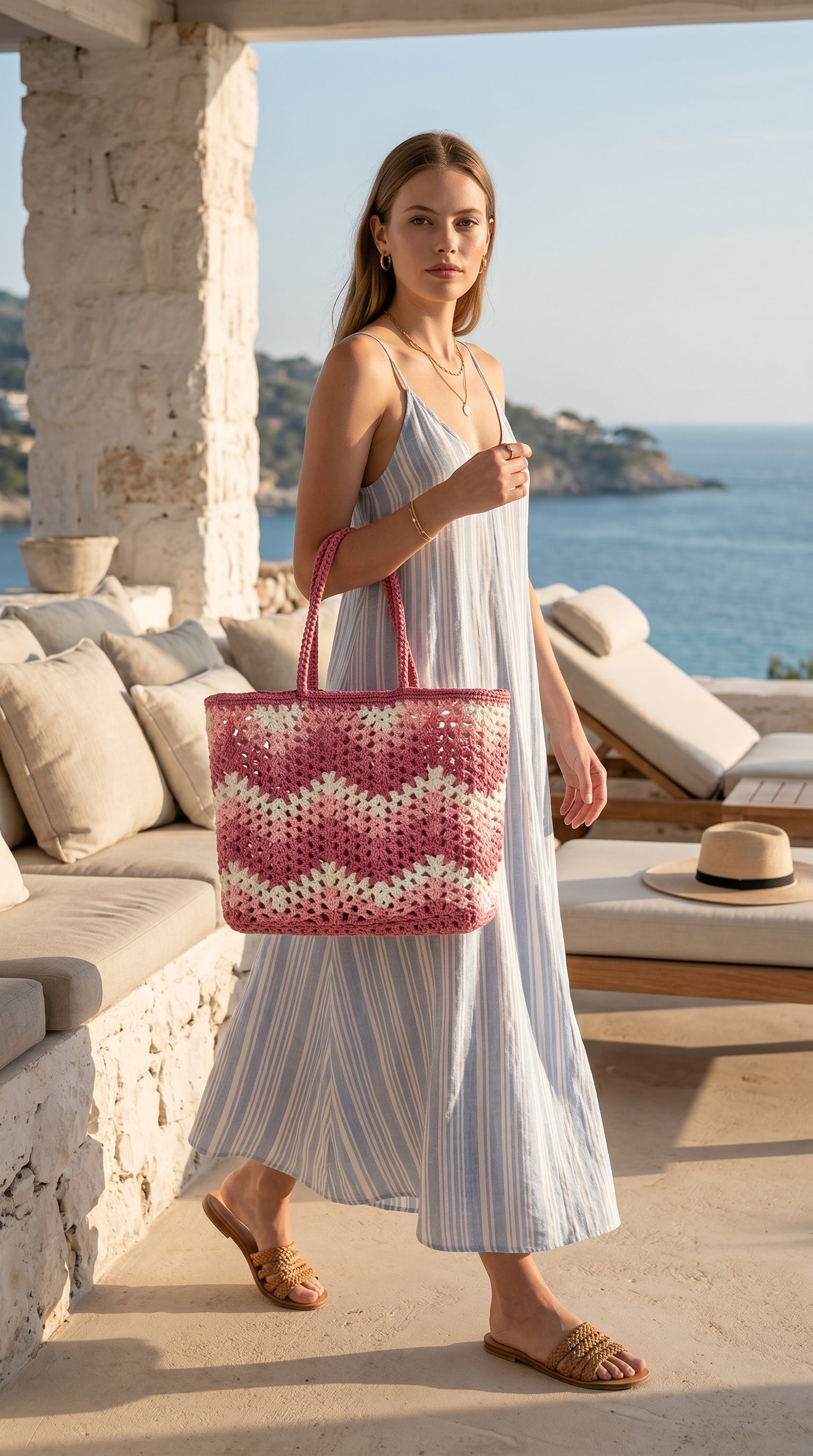 Dusty Rose Chevron Hand Knitted Crochet Boxy Tote Bag