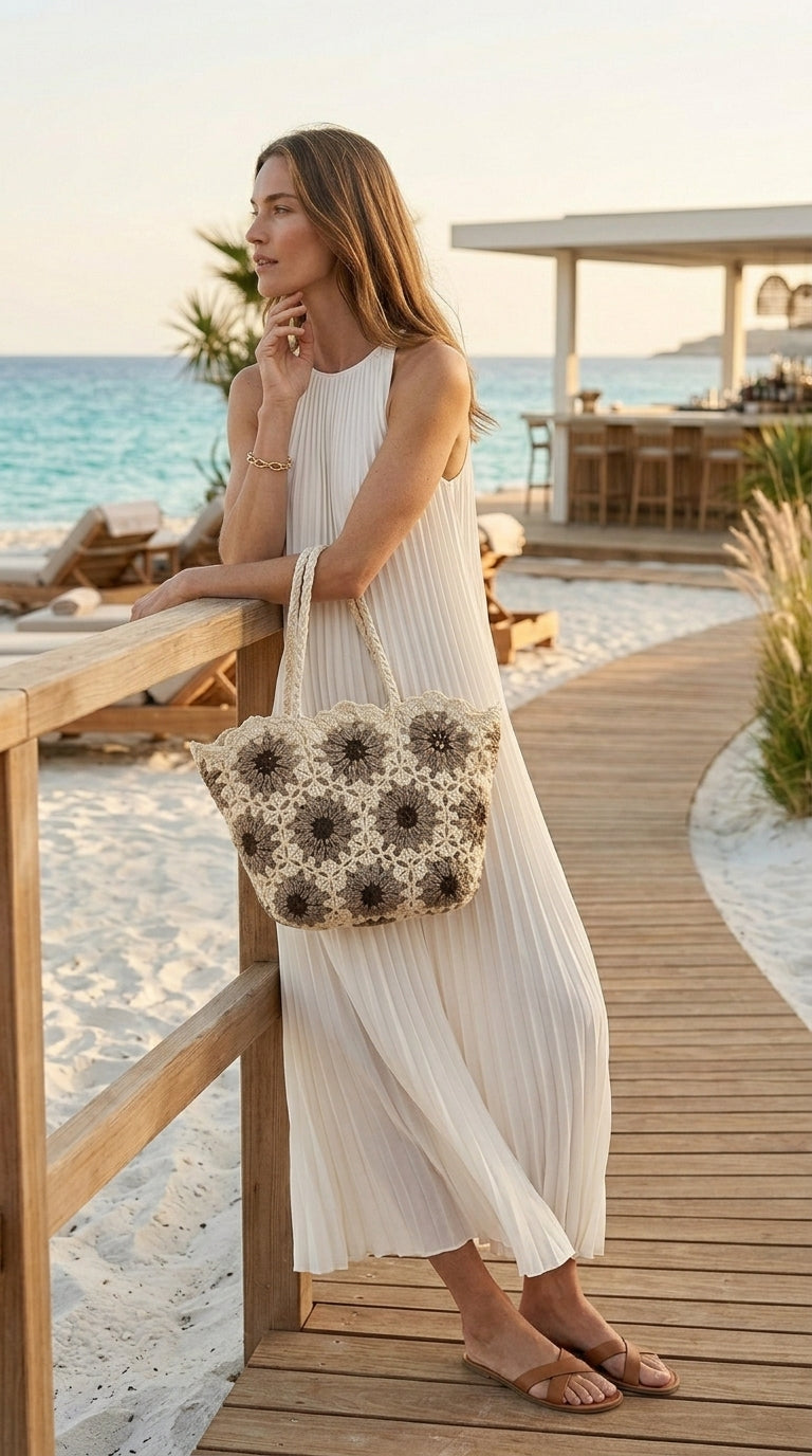 Gray White Daisy Hand Knitted Crochet Tote Bag