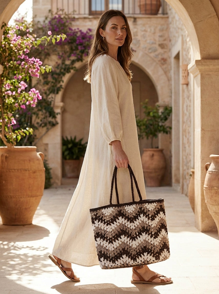 Brown Chevron Hand Knitted Crochet Boxy Tote Bag