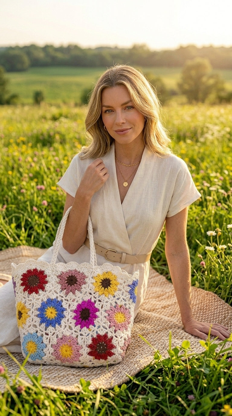 Colorful White Daisy Hand Knitted Crochet Tote Bag