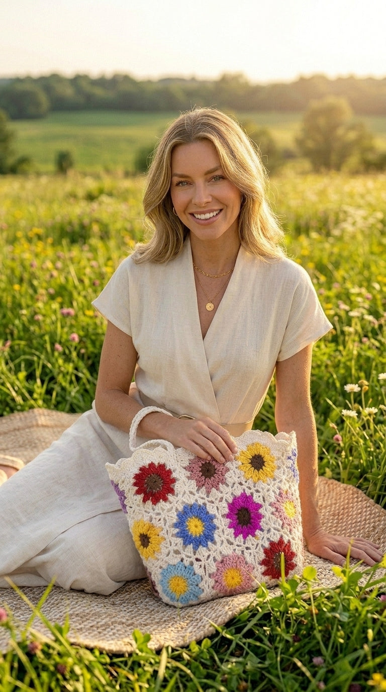 Colorful White Daisy Hand Knitted Crochet Tote Bag