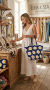 White Navy Daisy Hand Knitted Crochet Tote Bag