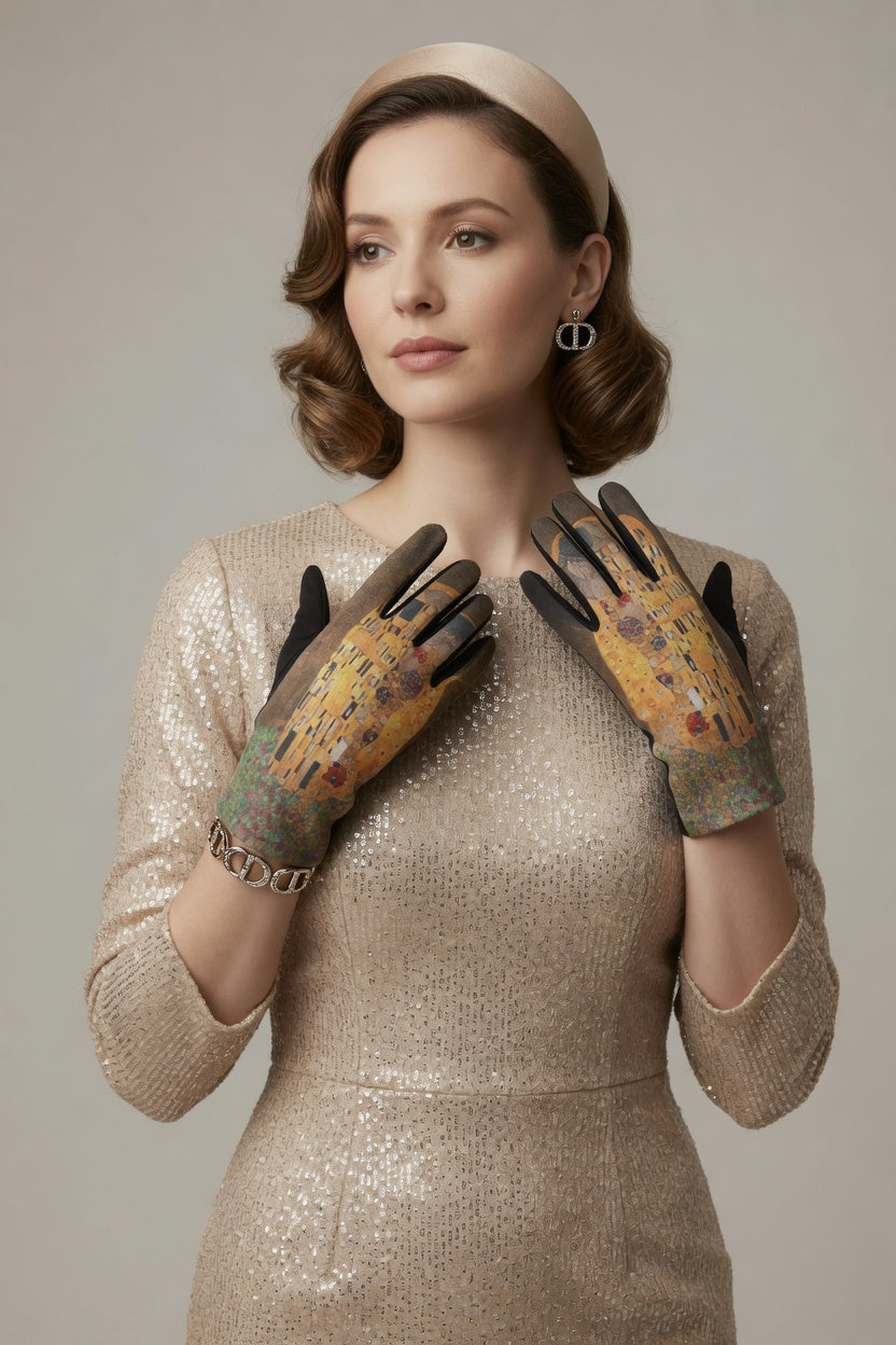 The Kiss Art Gloves – Romantic Gold Pattern Touchscreen Gloves