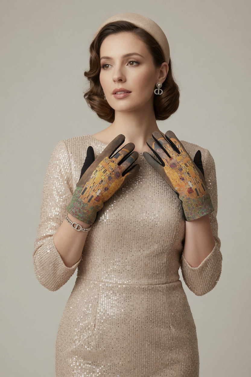 The Kiss Art Gloves – Romantic Gold Pattern Touchscreen Gloves
