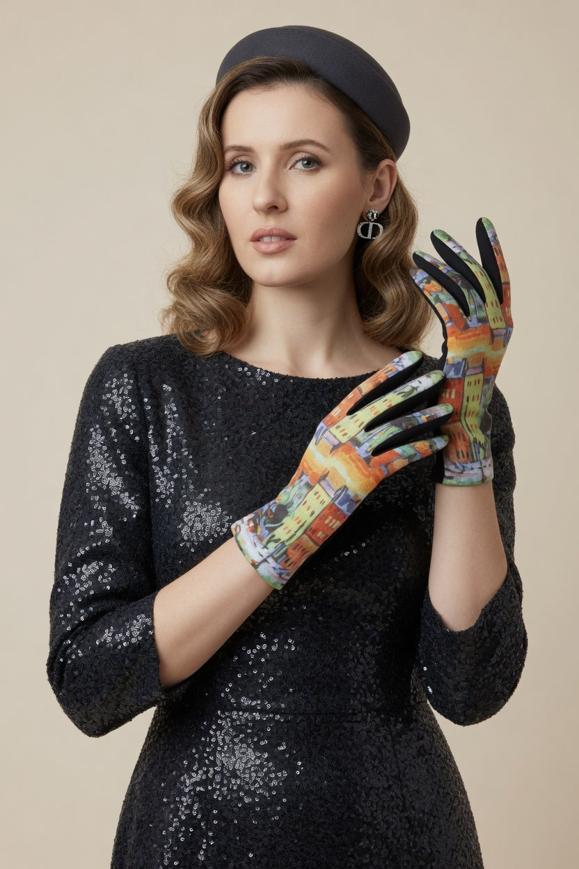 Vibrant City Art Gloves – Colorful Architecture Touchscreen Gloves