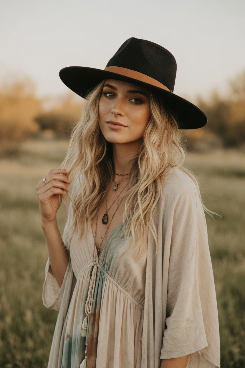 Black Tall Front Teardrop Fedora Hat – Khaki Suede Band Felt Hat