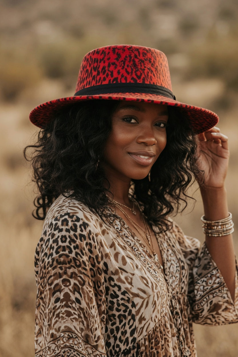 Red Leopard Fedora Hat – Black Faux Leather Band Felt Hat