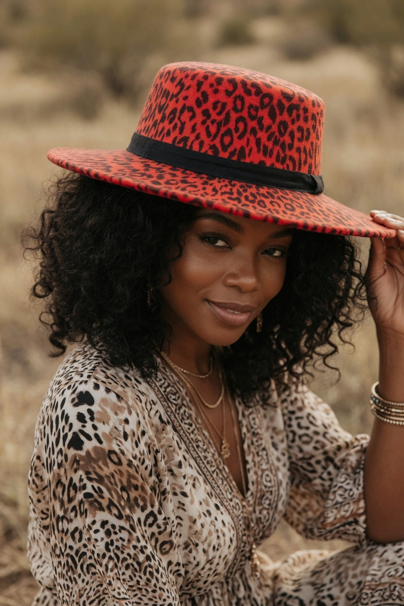 Red Leopard Fedora Hat – Black Faux Leather Band Felt Hat