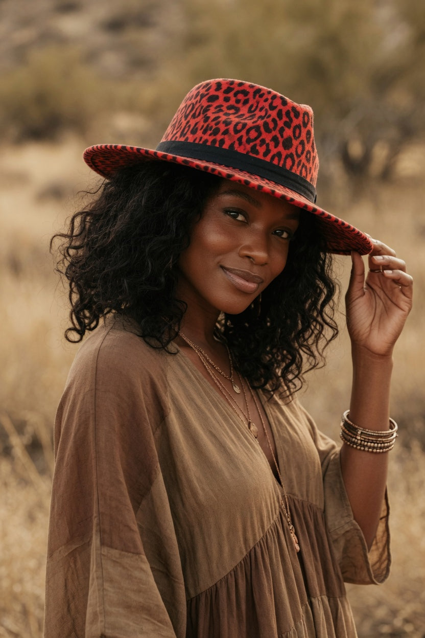Red Leopard Fedora Hat – Black Faux Leather Band Felt Hat