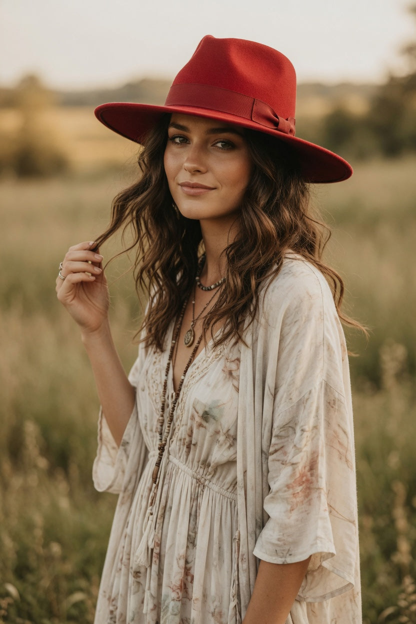 Red Tall Front Teardrop Fedora Hat – Suede Band Felt Hat
