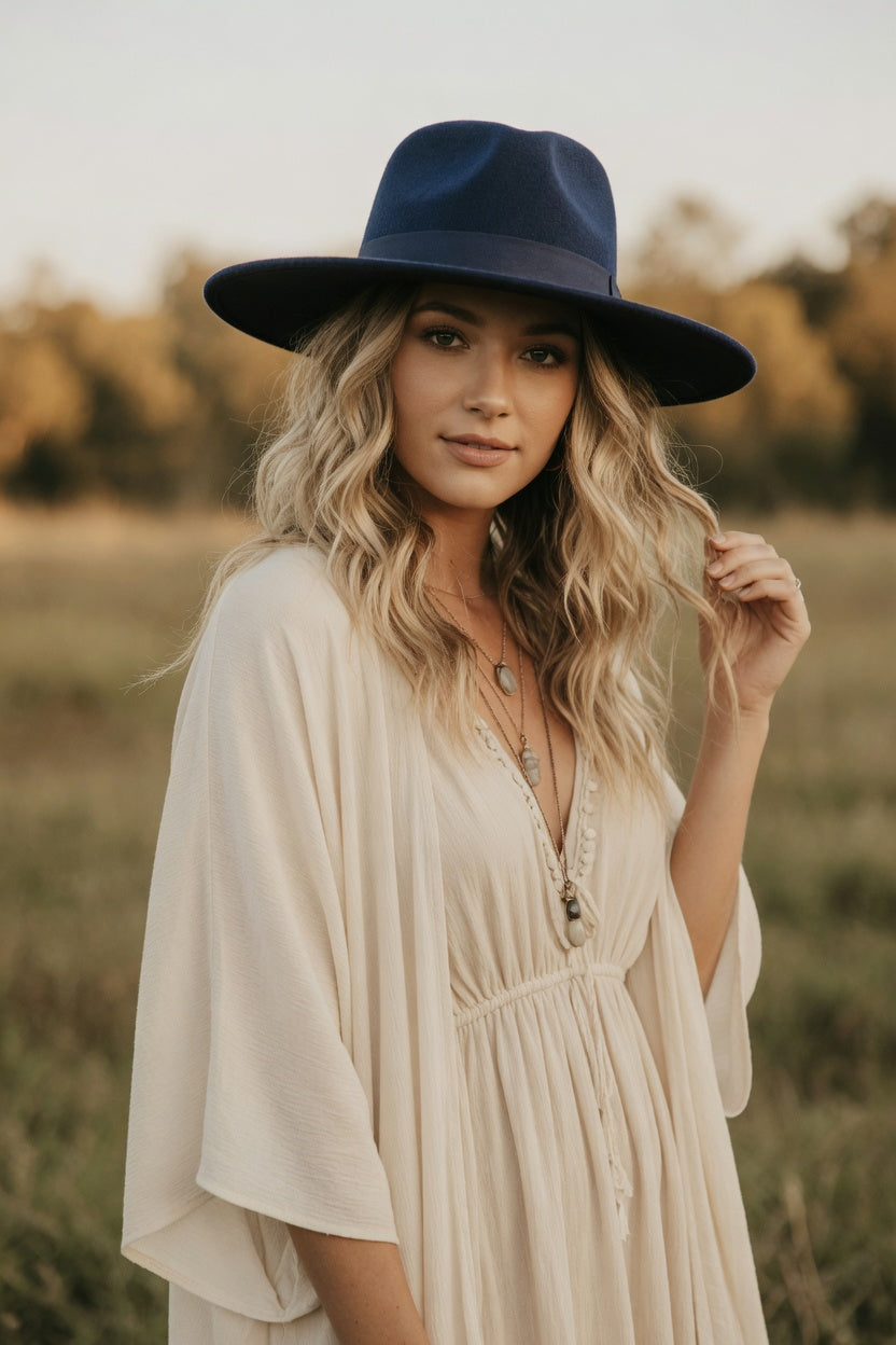 Navy Tall Front Teardrop Fedora Hat – Suede Band Felt Hat