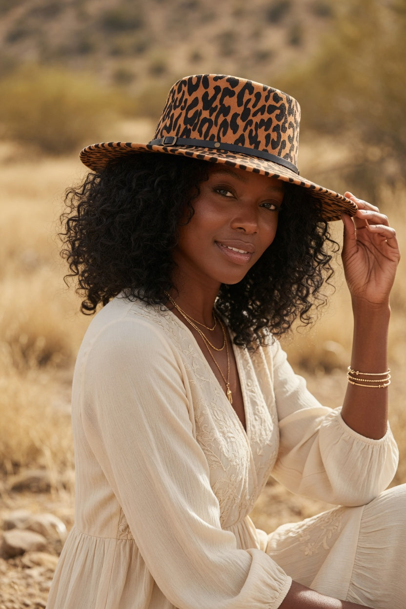 Camel Fedora Hat – Leopard Black Faux Leather Band Felt Hat