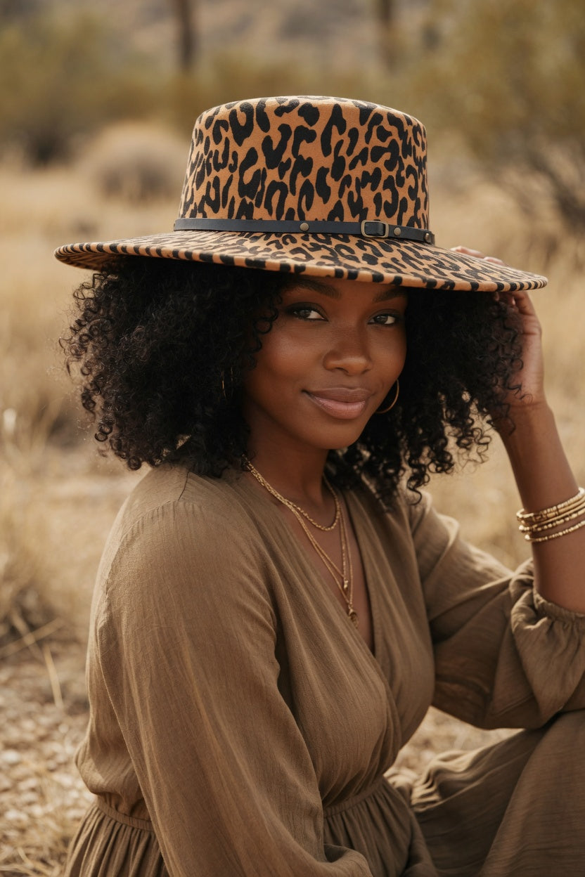 Camel Fedora Hat – Leopard Black Faux Leather Band Felt Hat