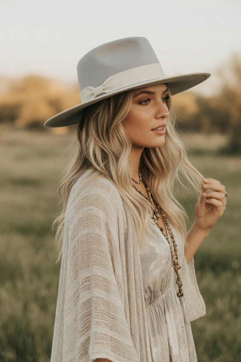 Gray Teardrop Rancher Fedora Hat – Ribbon Band Felt Hat