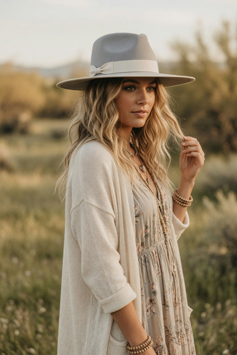 Gray Teardrop Rancher Fedora Hat – Ribbon Band Felt Hat