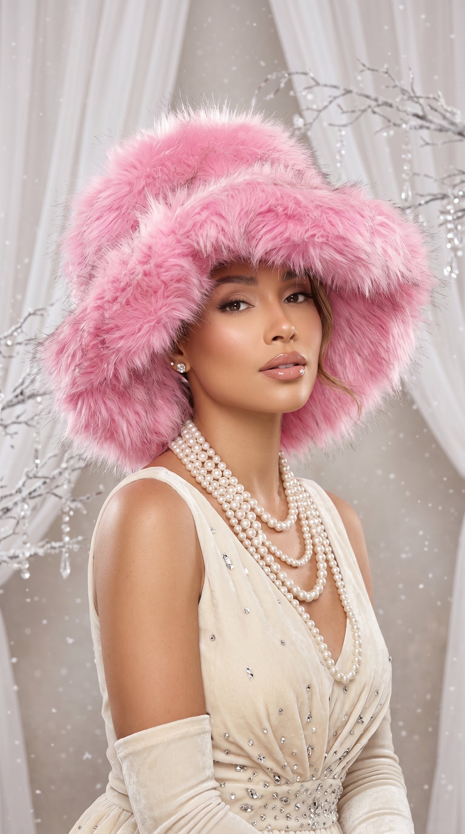 Blush Pink Extra Wide Brim Faux Fur Glam Hat