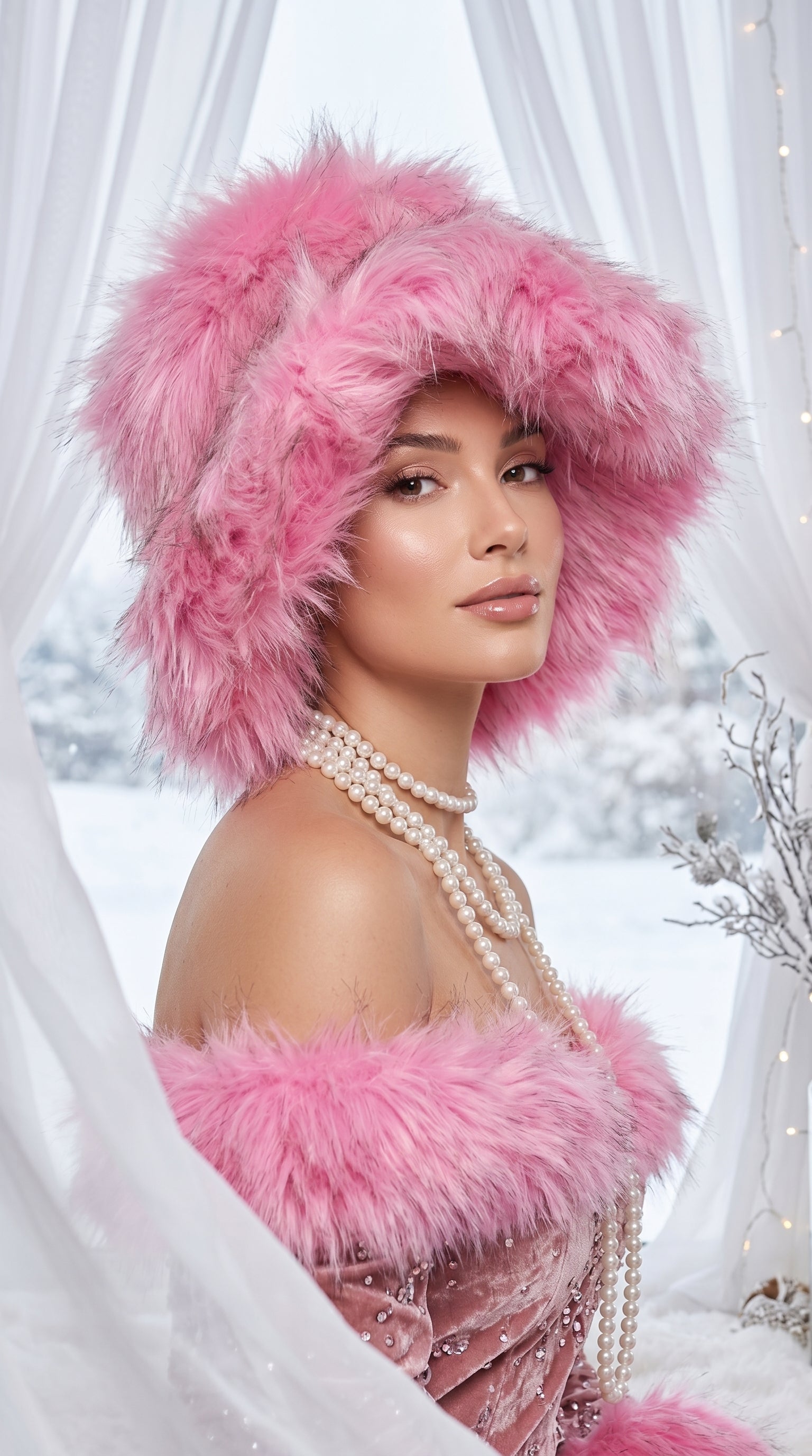 Blush Pink Extra Wide Brim Faux Fur Glam Hat