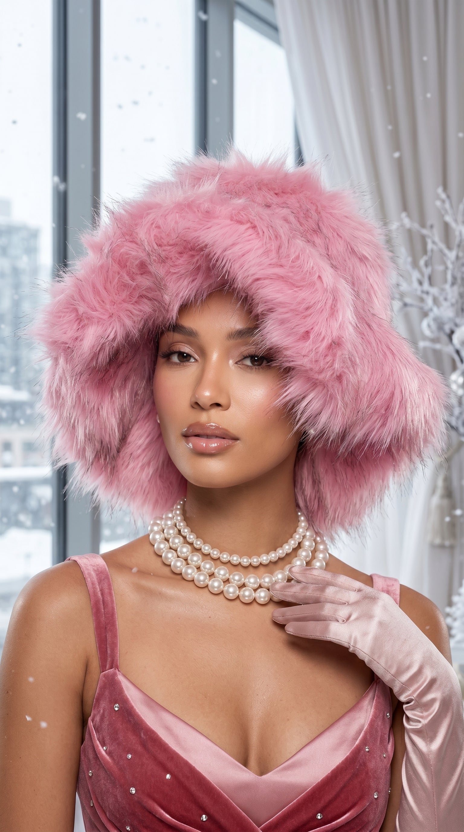 Blush Pink Extra Wide Brim Faux Fur Glam Hat
