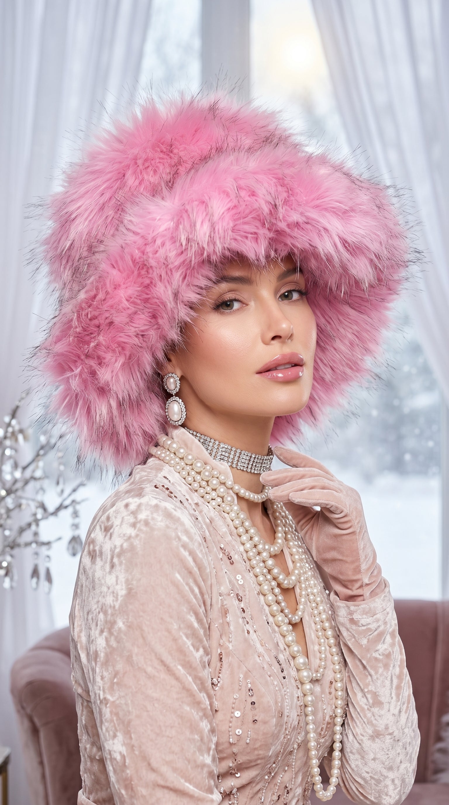 Blush Pink Extra Wide Brim Faux Fur Glam Hat
