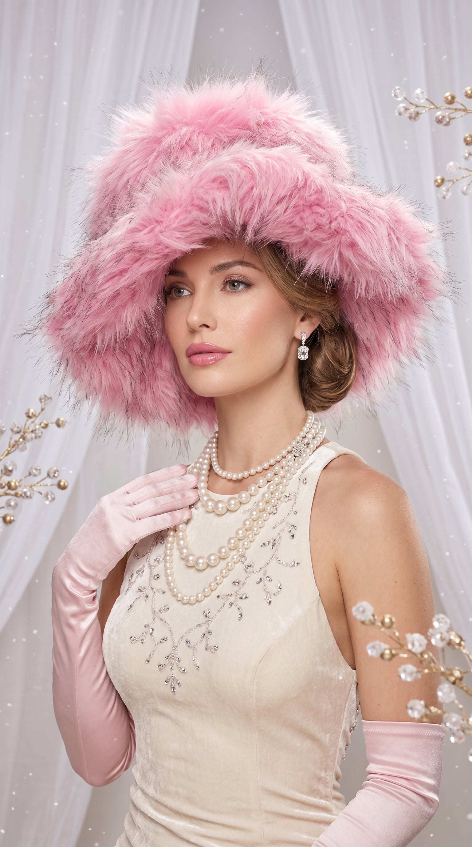 Blush Pink Extra Wide Brim Faux Fur Glam Hat