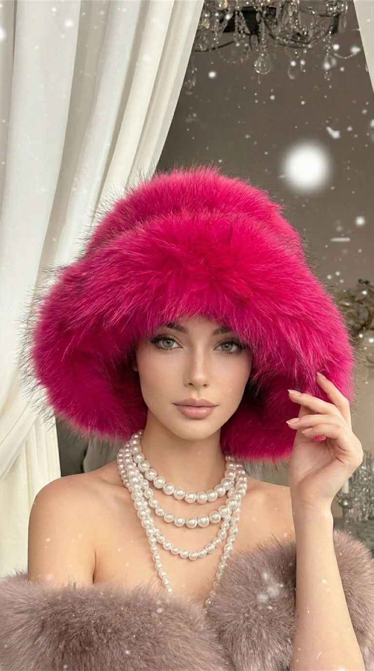 Hot Pink Extra Wide Brim Faux Fur Glam Hat