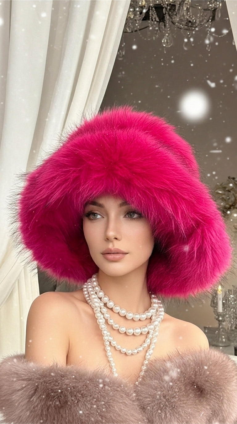 Hot Pink Extra Wide Brim Faux Fur Glam Hat