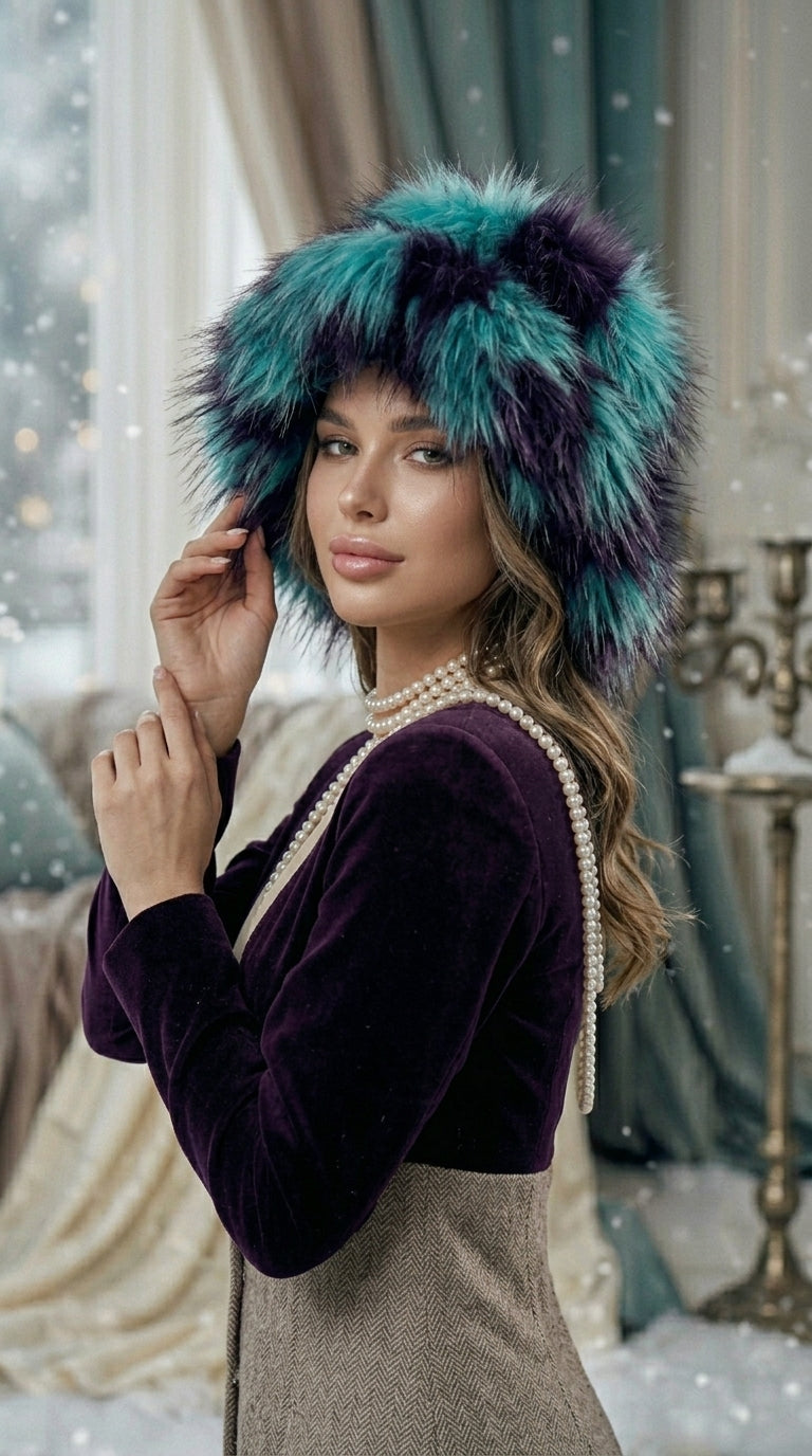 Teal Extra Wide Brim Faux Fur Glam Hat