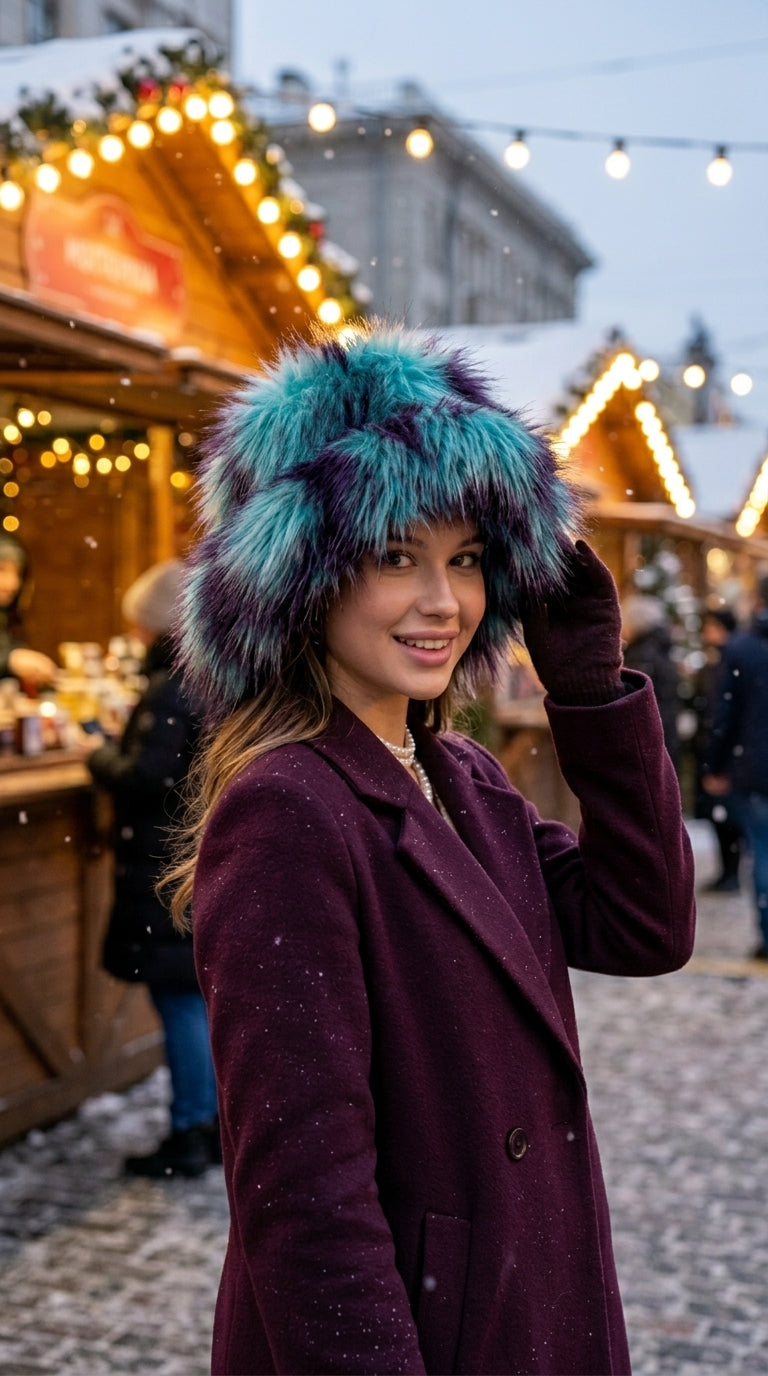 Teal Extra Wide Brim Faux Fur Glam Hat