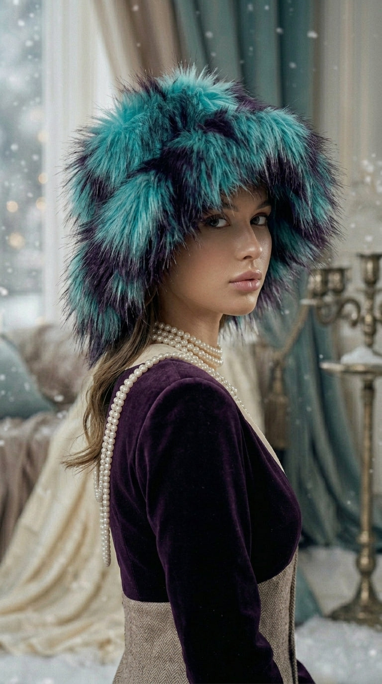 Teal Extra Wide Brim Faux Fur Glam Hat