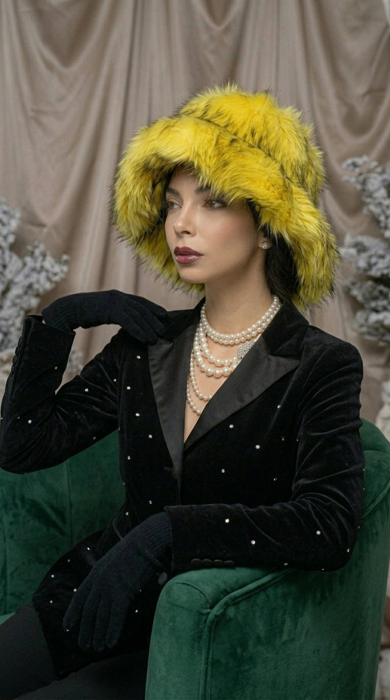 Golden Sunburst Extra Wide Brim Faux Fur Hat