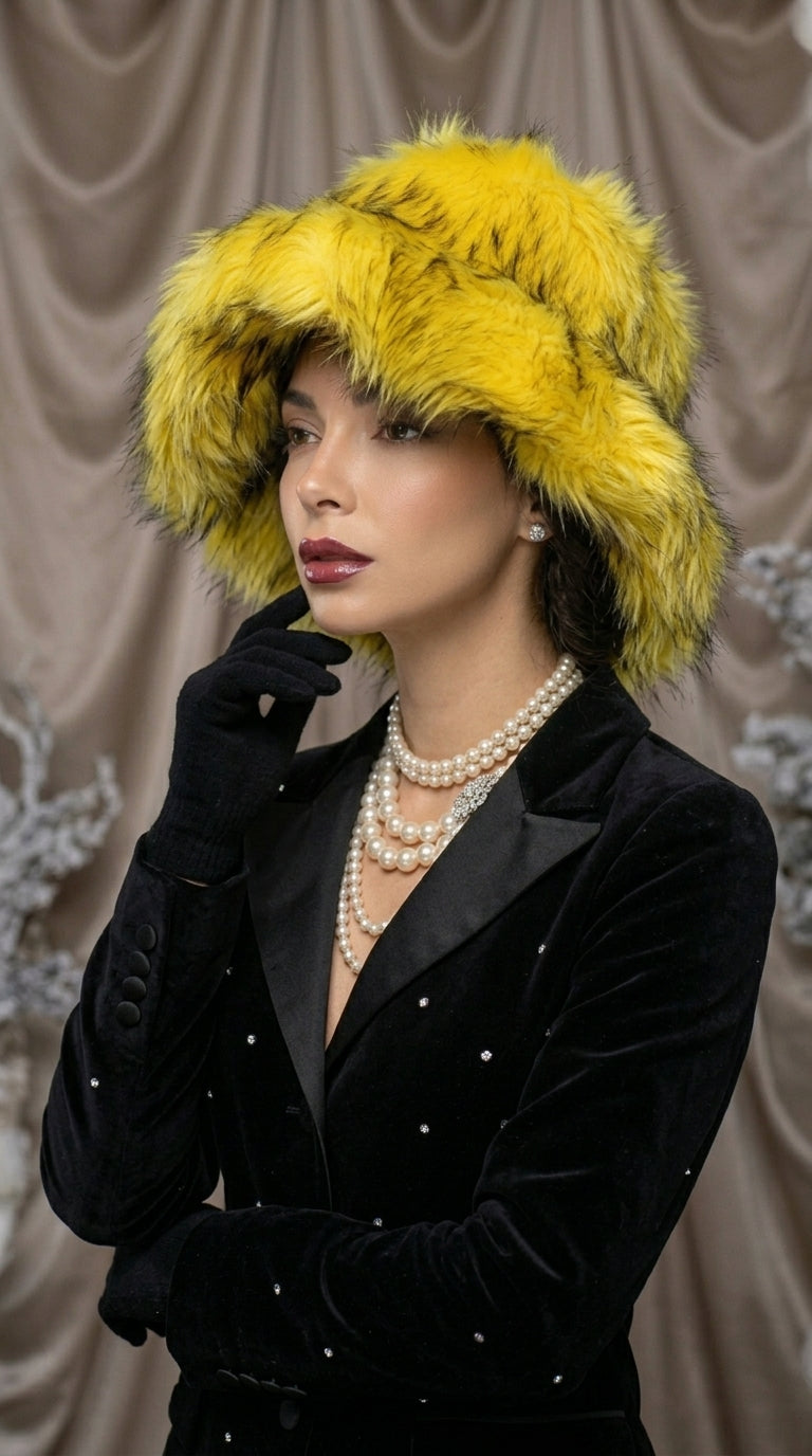 Golden Sunburst Extra Wide Brim Faux Fur Hat