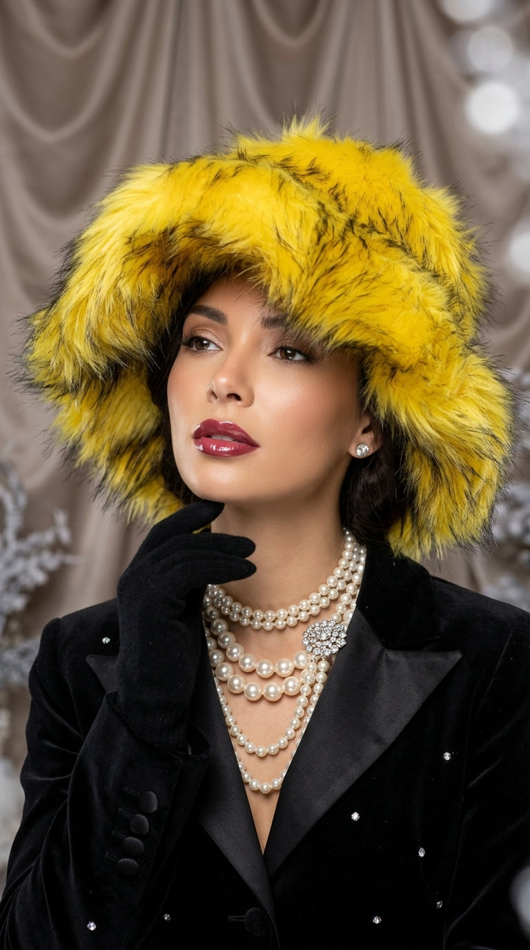 Golden Sunburst Extra Wide Brim Faux Fur Hat