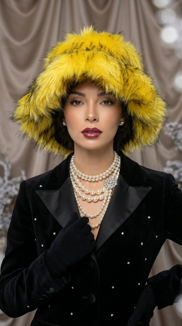 Golden Sunburst Extra Wide Brim Faux Fur Hat