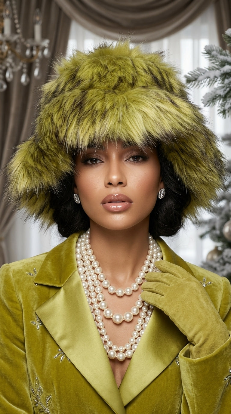 Olive Moss Extra Wide Brim Faux Fur Hat