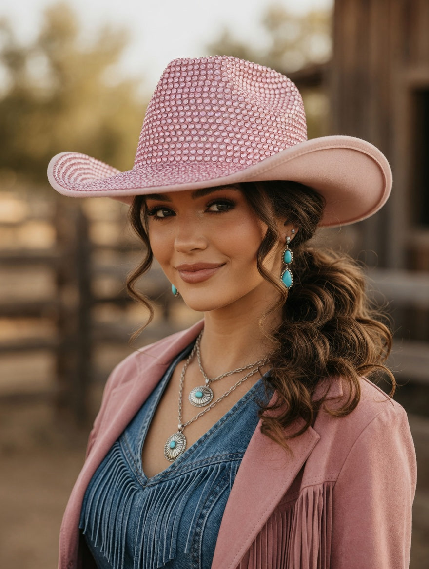 Rose Pink Cowboy Hat Full Rhinestones