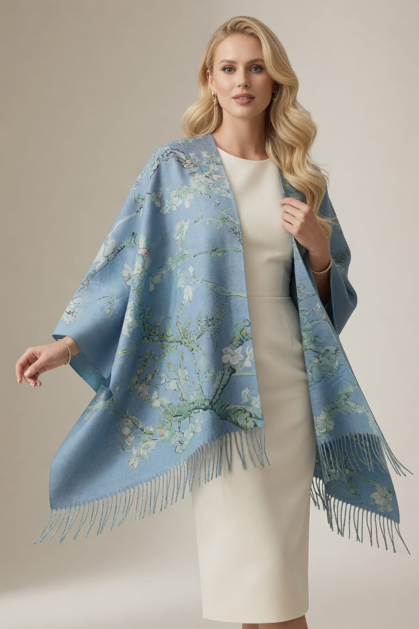 Almond Blossom Art Ruana – Soft Blue Floral Wrap
