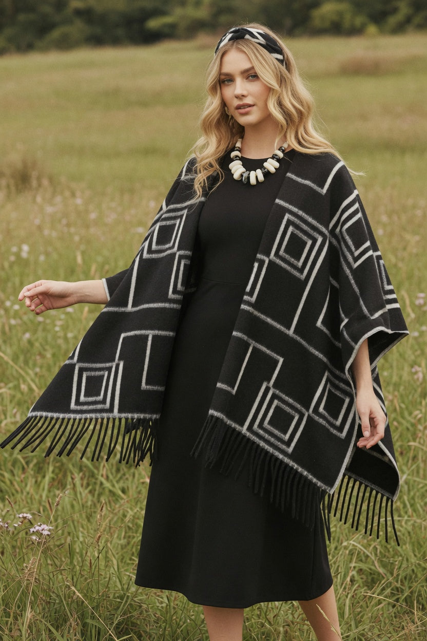 Graphic Squares Black Ruana – Modern Pattern Wrap