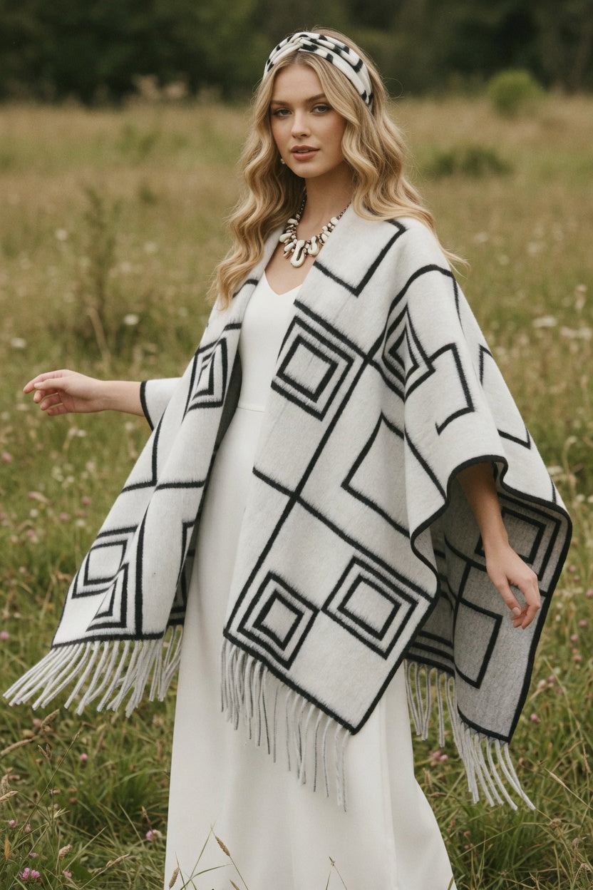 Graphic Squares White Ruana – Modern Pattern Wrap