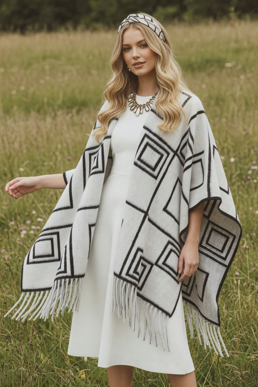 Graphic Squares White Ruana – Modern Pattern Wrap