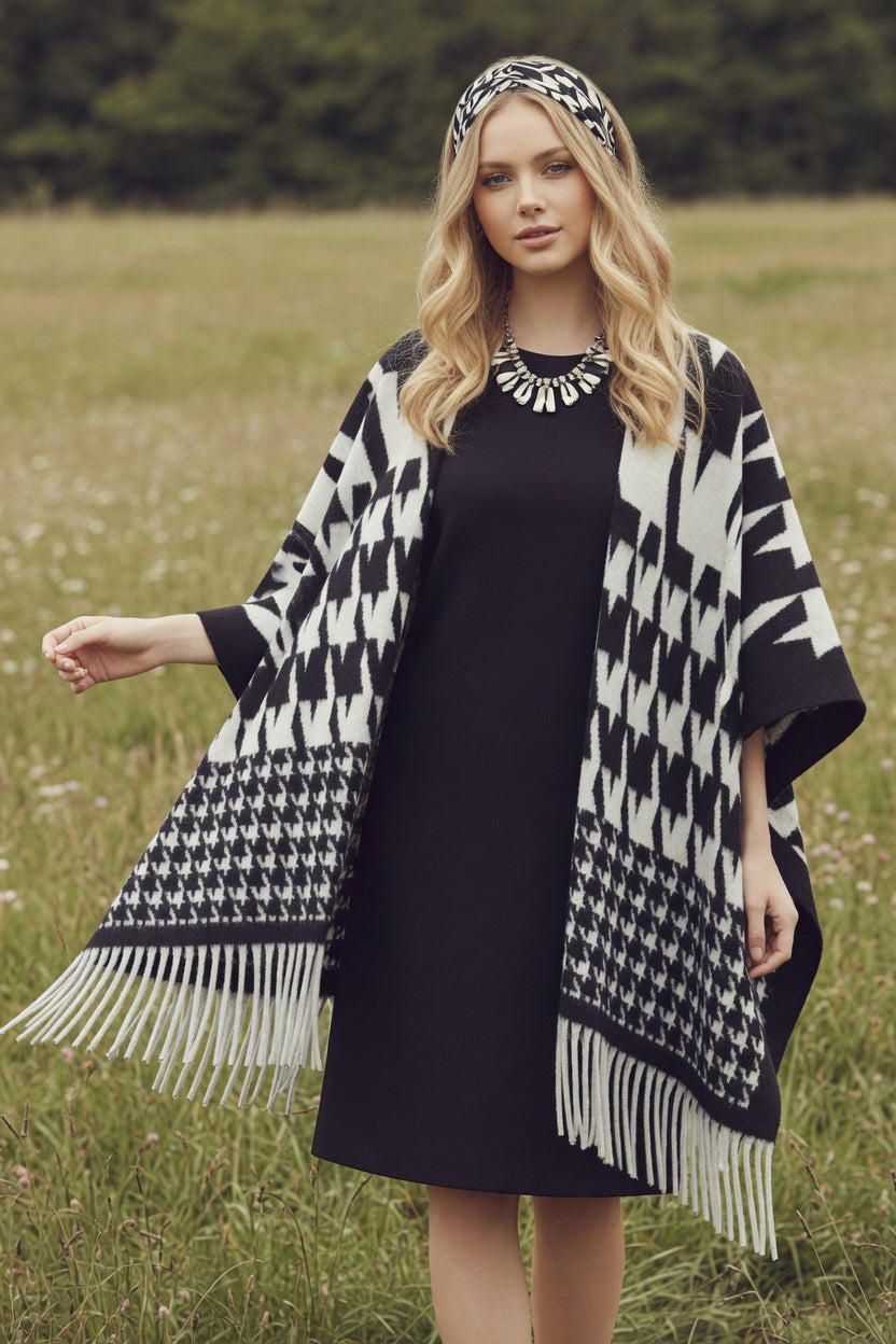 Houndstooth Edit Black Ruana – Classic Pattern Wrap